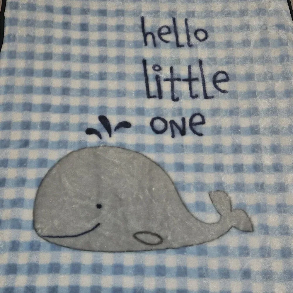 HB Hudson Baby Blanket Blue White Plaid Gray Whale Hello Little One 30x36 SOFT